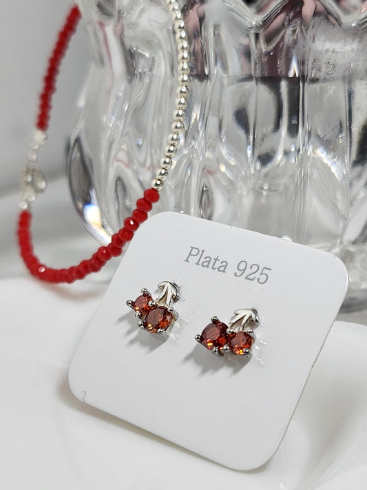 Pulsera cristales + Aros cherry | Plata 925