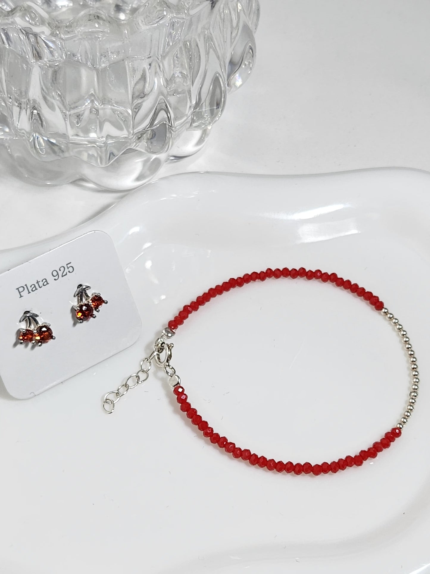 Pulsera cristales + Aros cherry | Plata 925