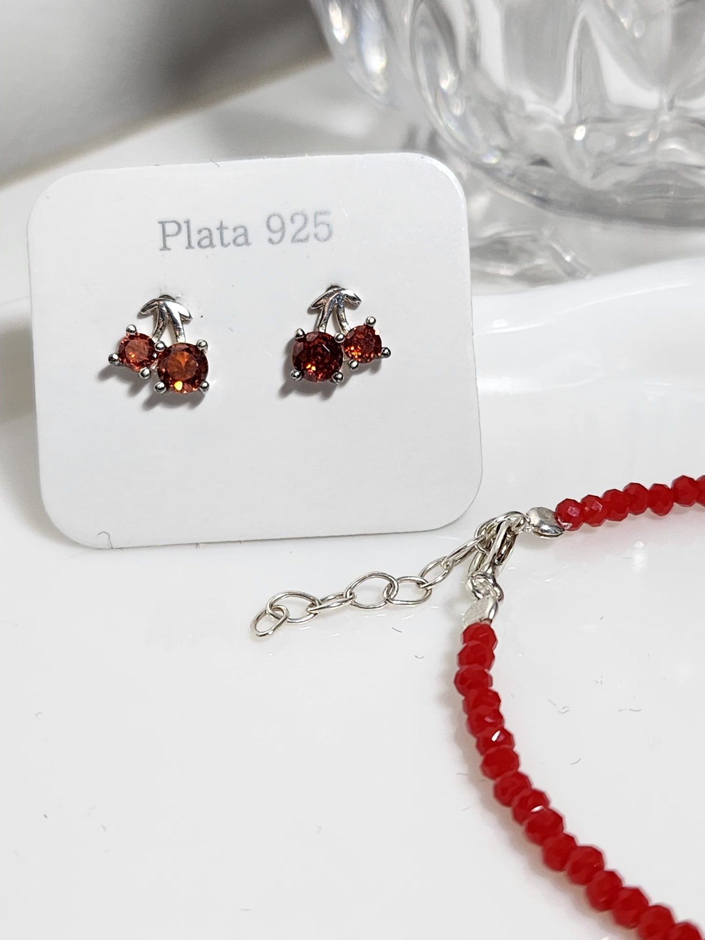 Pulsera cristales + Aros cherry | Plata 925