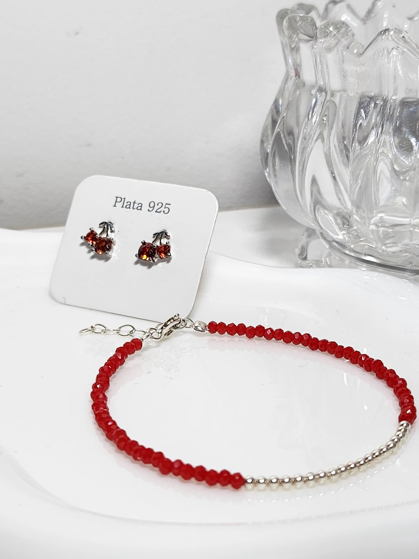Pulsera cristales + Aros cherry | Plata 925